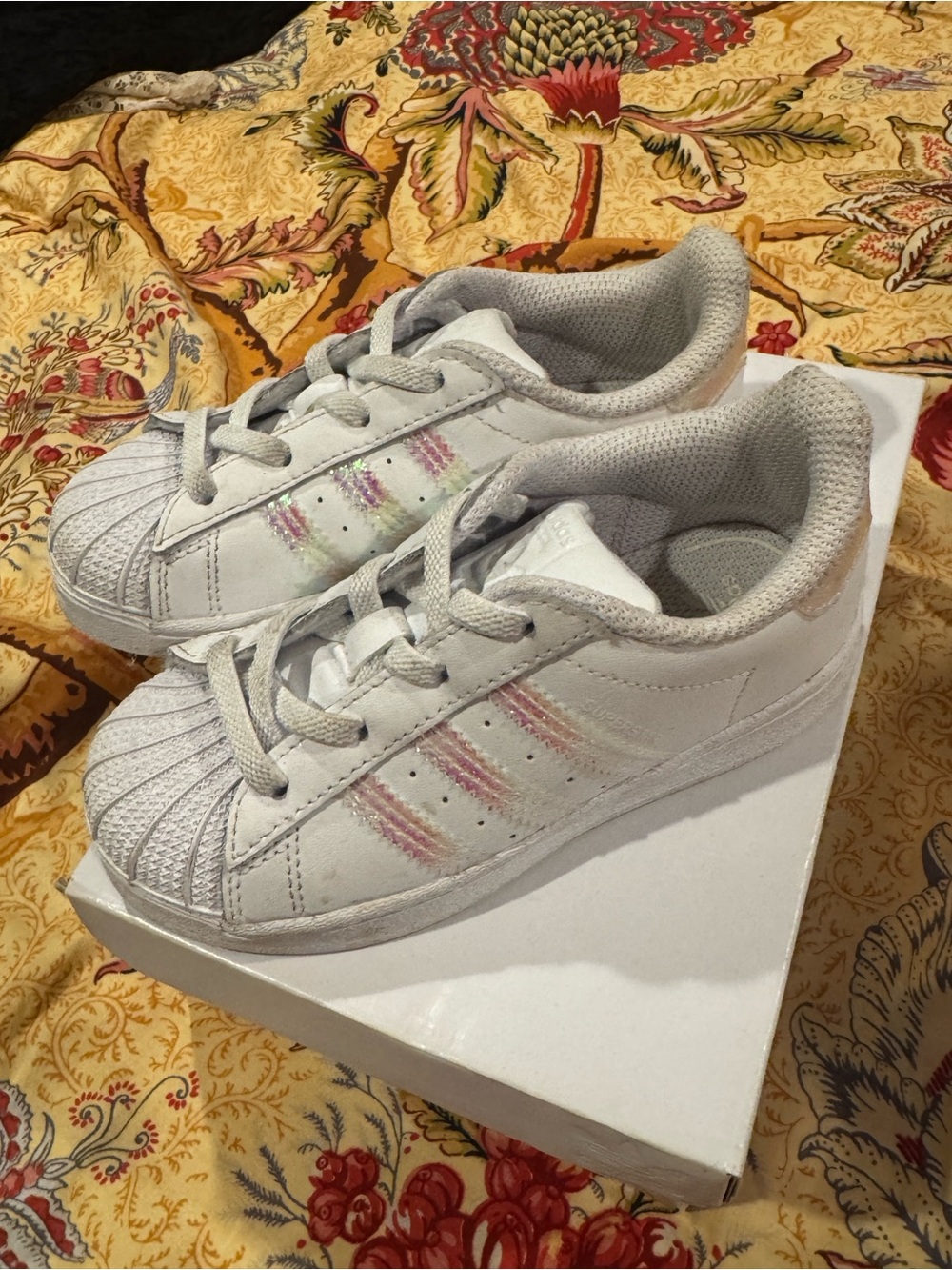adidas White Kids Sneakers with Pink and Light Green Stripe Accents